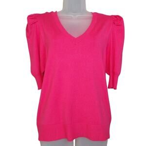 Rachel Roy V-Neck Puff Short Sleeve Knit Sweater Top Pink Size M